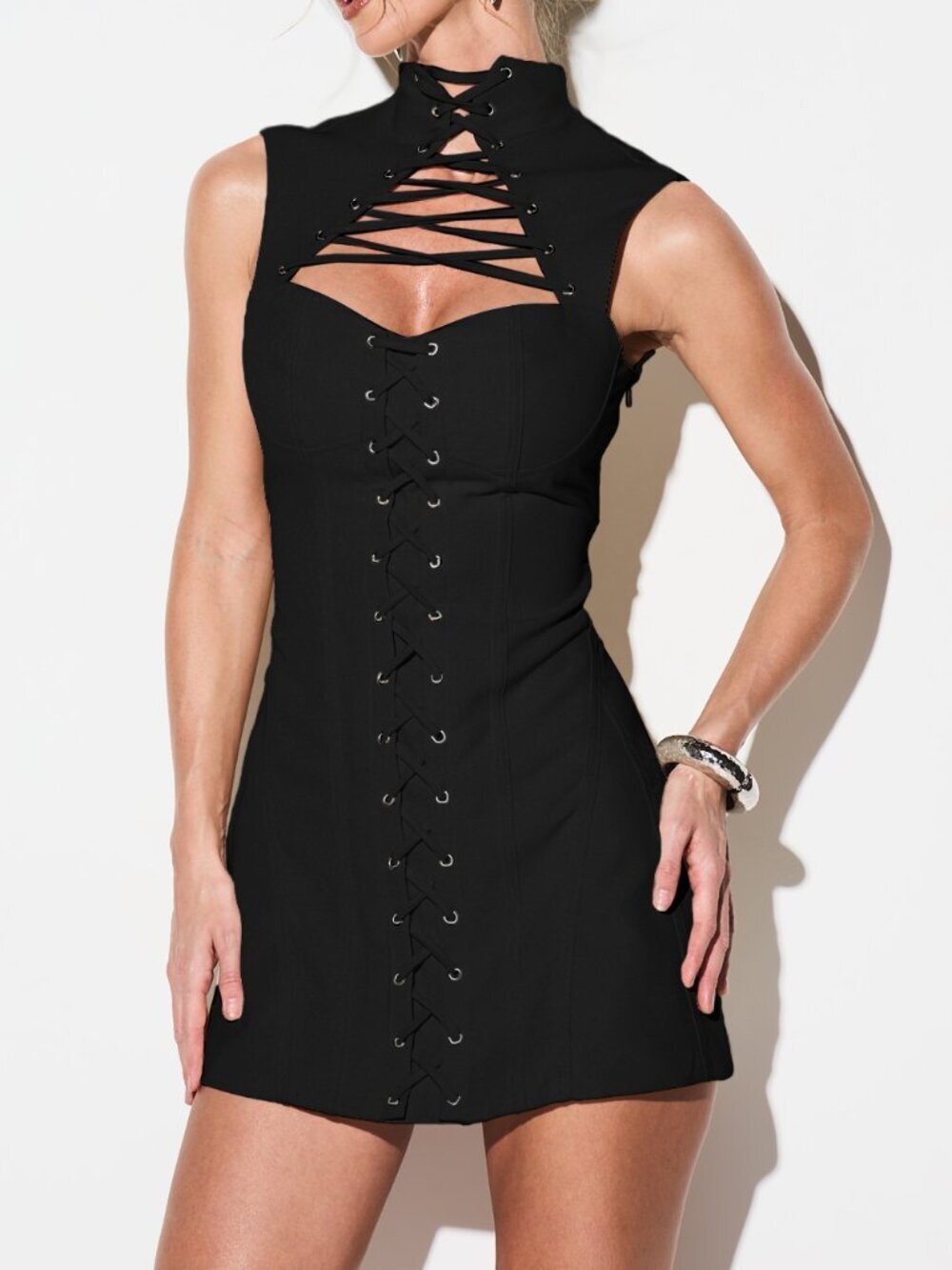 Black Party Women's Corseted High Neck Lace Up Mini Dress With Cutout